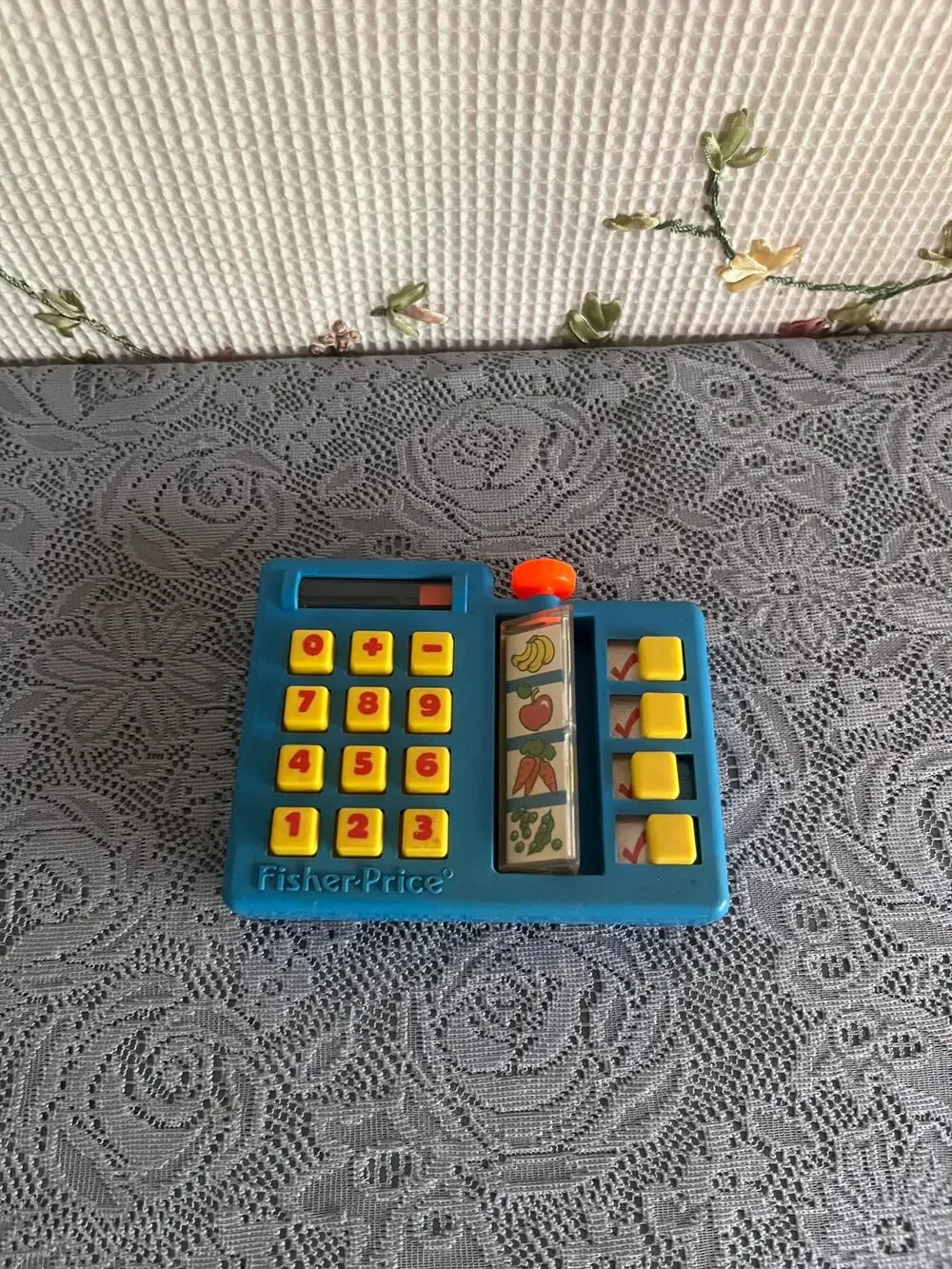 Vintage Fisher-Price Toy Cash Register Blue Crank Food Roller Number Buttons